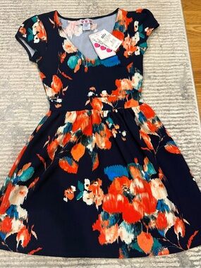 Three Hearts Navy Floral Fit & Flare Dress with Bright Accents